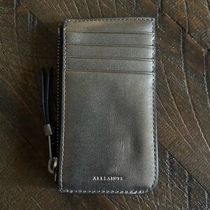 NWOT AllSaints Leather Cardholder Zipper Wallet, Metallic Silver Gunmetal